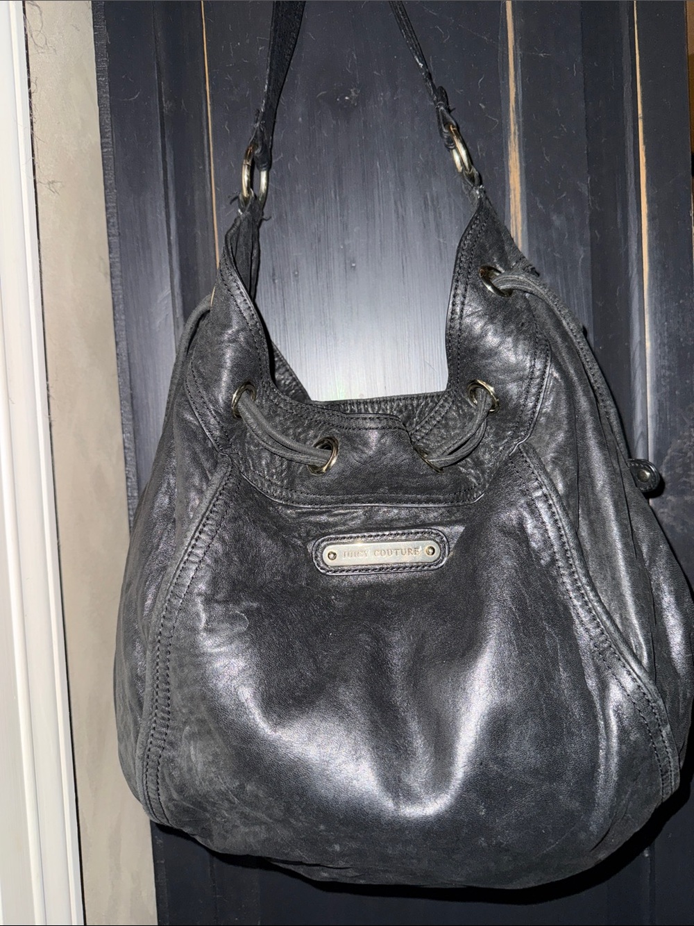 Vintage Juicy Couture Black Leather Drawstring Hobo